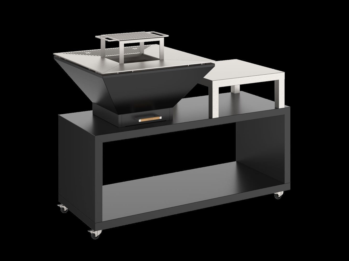 Oveneat OFP-WV-01500G Charcoal Grey Wood Fired BBQ Combo unit with wood storage equipped with wheels & Stainless Steel worktop