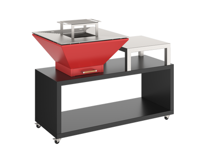 Oveneat OFP-WV-01500R Red Wood Fired BBQ Combo with wood storage equipped with wheels & Stainless Steel worktop